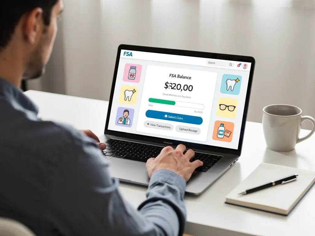 Person managing FSA account online, reviewing eligible expenses