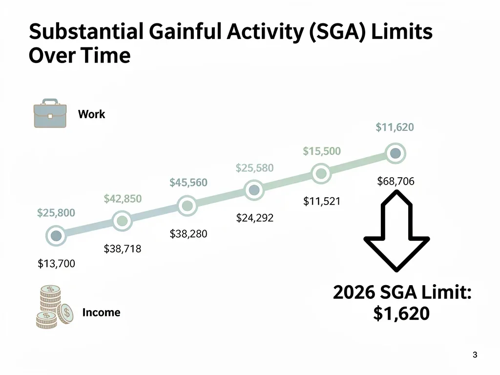 Historical chart showing SSDI SGA limits over time, highlighting 2026