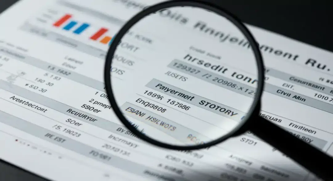 Magnifying glass over credit report, highlighting Bill C-45's focus on data accuracy.