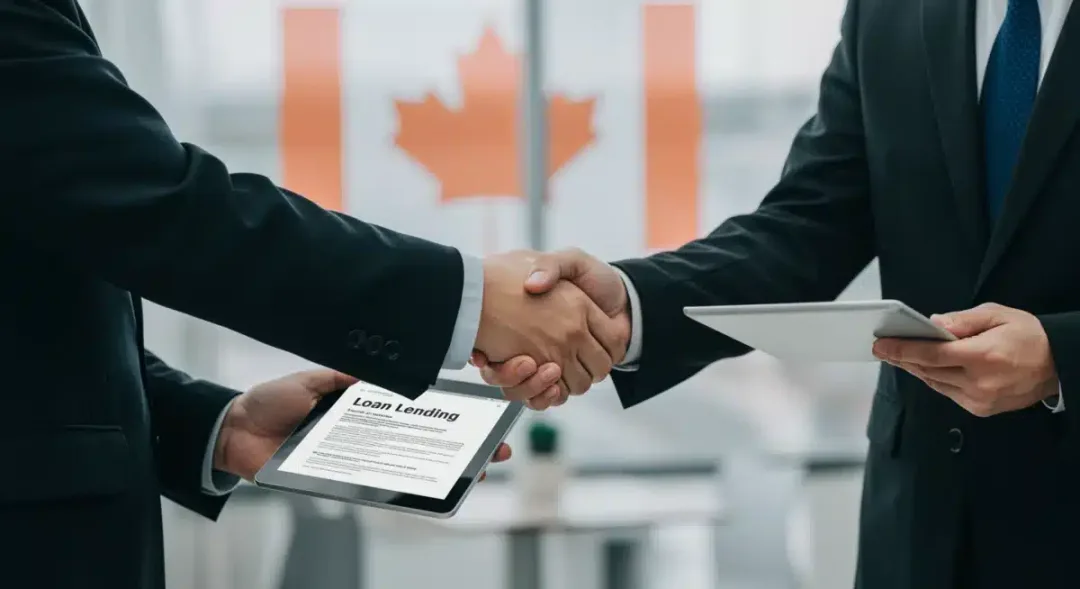 Business handshake over tablet with loan app, representing new lending agreements.