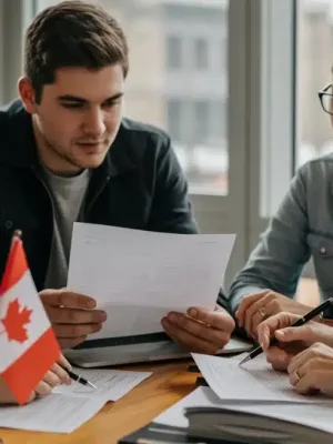 Canadian students and parents discussing educational tax credits for 2026, reviewing documents.
