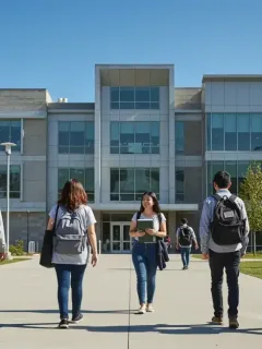 High school students preparing for university in Canada by 2026, walking towards a modern campus.