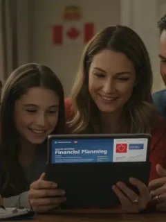 Canadian family reviewing financial benefits on a tablet, happy with Canada Child Benefit updates.