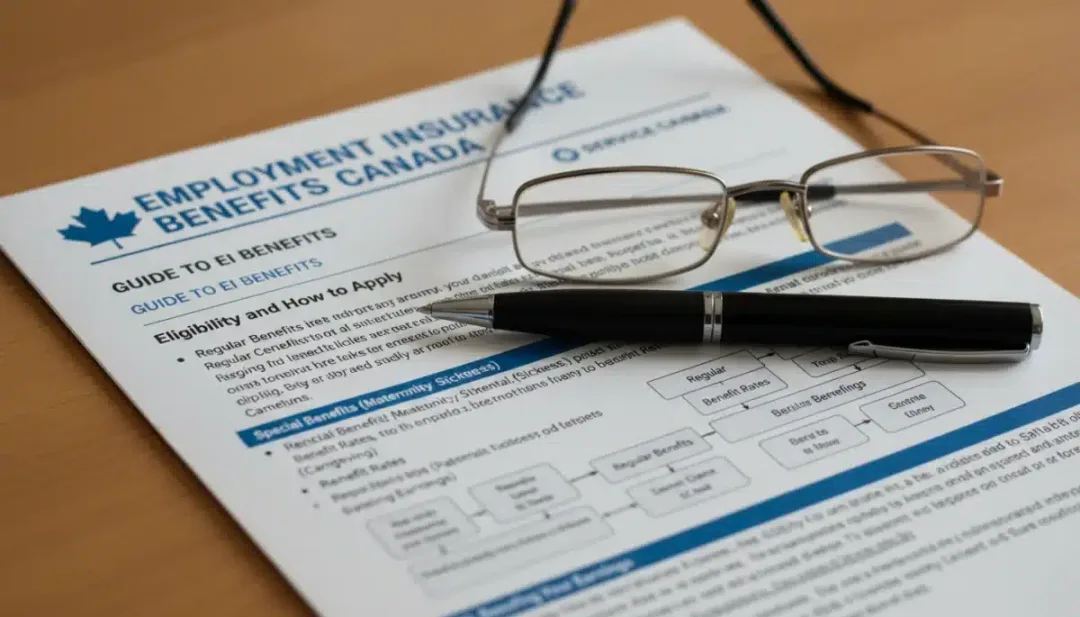 Close-up of Canadian EI benefits document, highlighting eligibility and application process for 2026.
