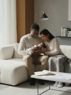 Parents with newborn, discussing future financial plans for maternity and parental benefits 2026.