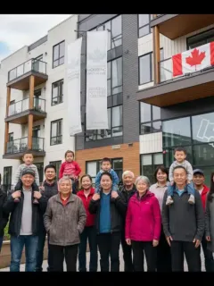 Diverse Canadians in front of affordable housing, symbolizing Canada Housing Benefit 2026 support.