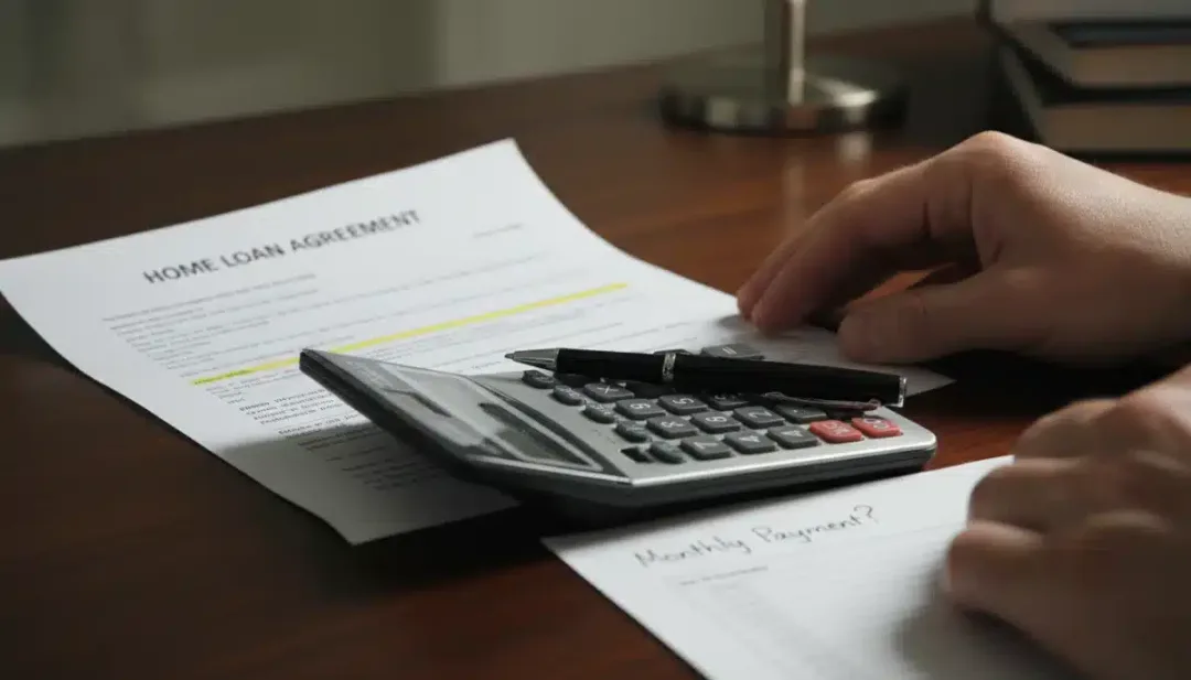 Hand holding mortgage document with calculator, symbolizing mortgage payment calculations and financial planning.
