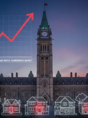 Canadian Parliament building with rising interest rate graph, symbolizing Bank of Canada rate hike impact on mortgages.
