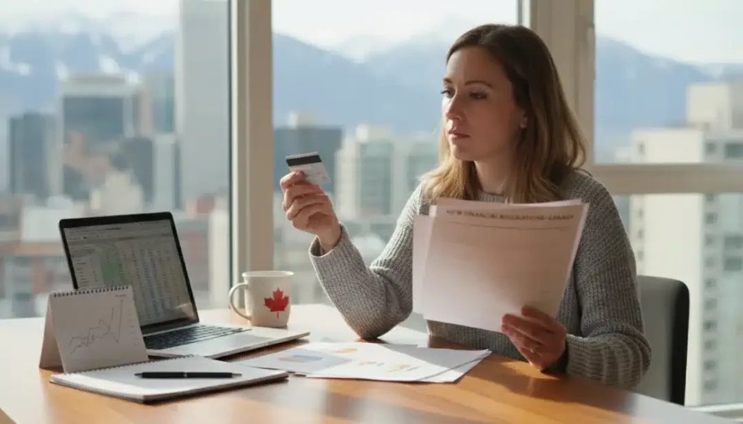 Canadian consumer reviewing credit card statement, understanding new financial regulations.