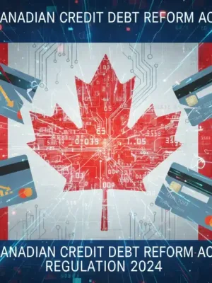 Canadian flag with credit cards and financial data, representing Bill C-45's impact on debt.