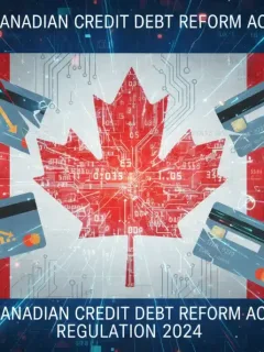 Canadian flag with credit cards and financial data, representing Bill C-45's impact on debt.