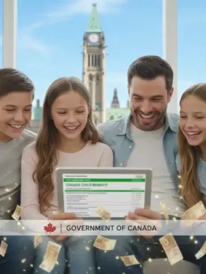 Canadian family reviewing 2026 tax credit changes on a tablet, symbolizing potential savings.