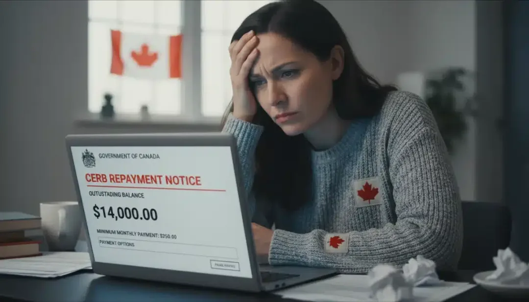 Person reviewing government financial statement on laptop, concerned about CERB repayments.