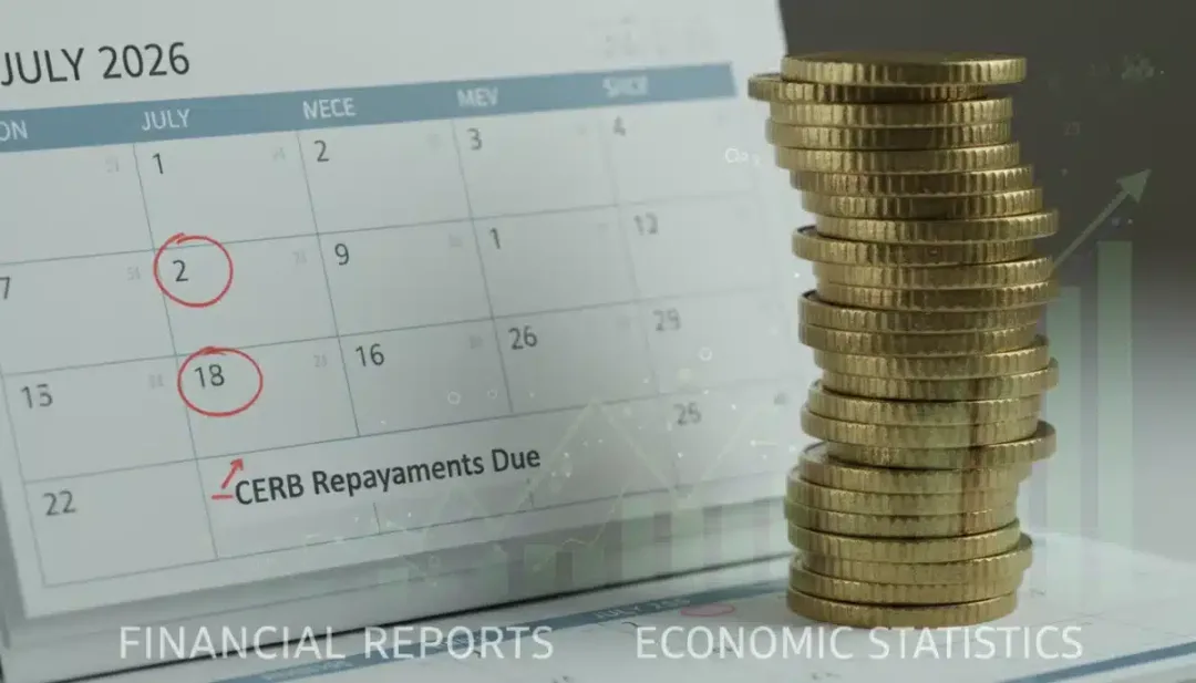 Canadian dollars and calendar marking mid-2026, symbolizing CERB repayment increase.