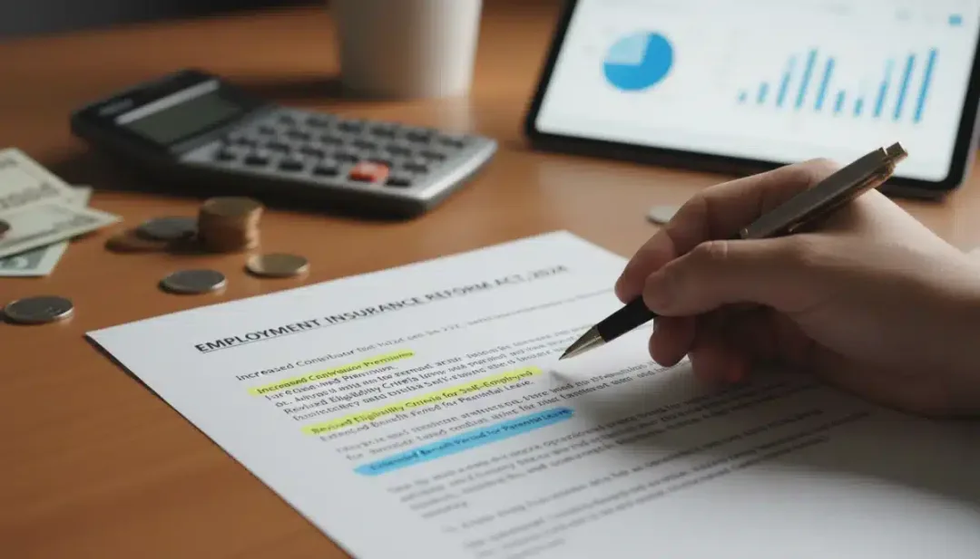 Hand analyzing complex EI reform document with financial tools.