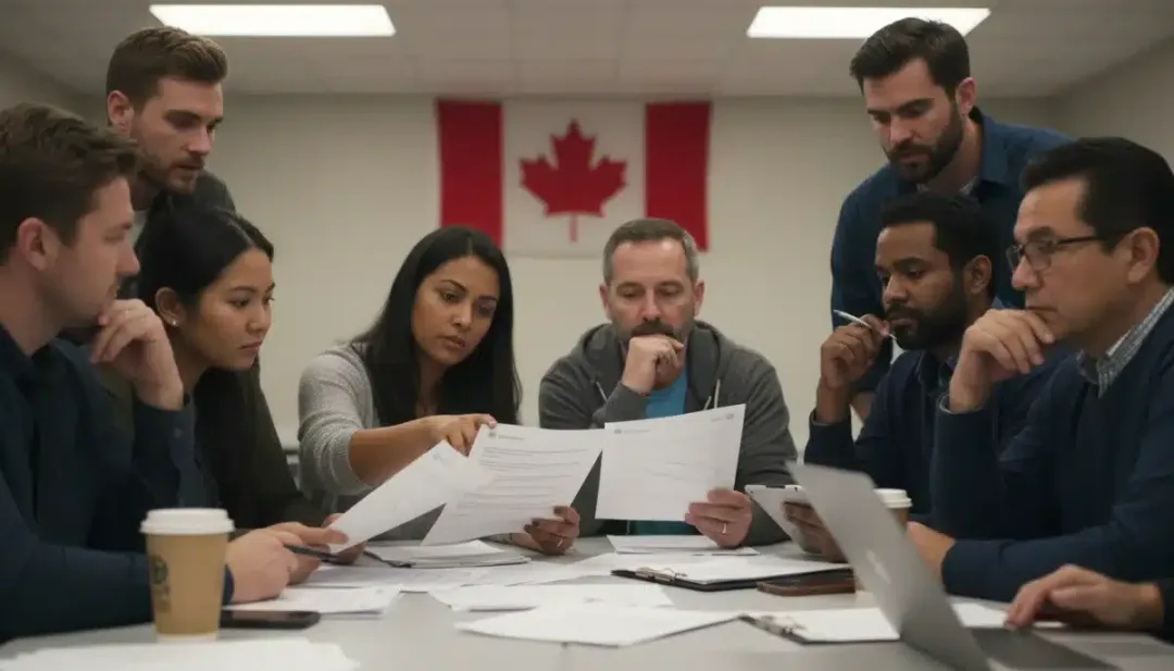 Canadian workers reviewing EI benefit changes documents with concern.
