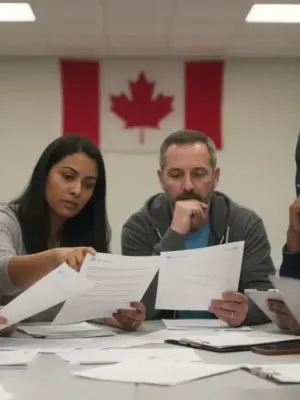 Canadian workers reviewing EI benefit changes documents with concern.