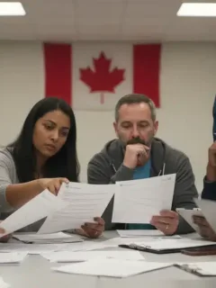 Canadian workers reviewing EI benefit changes documents with concern.