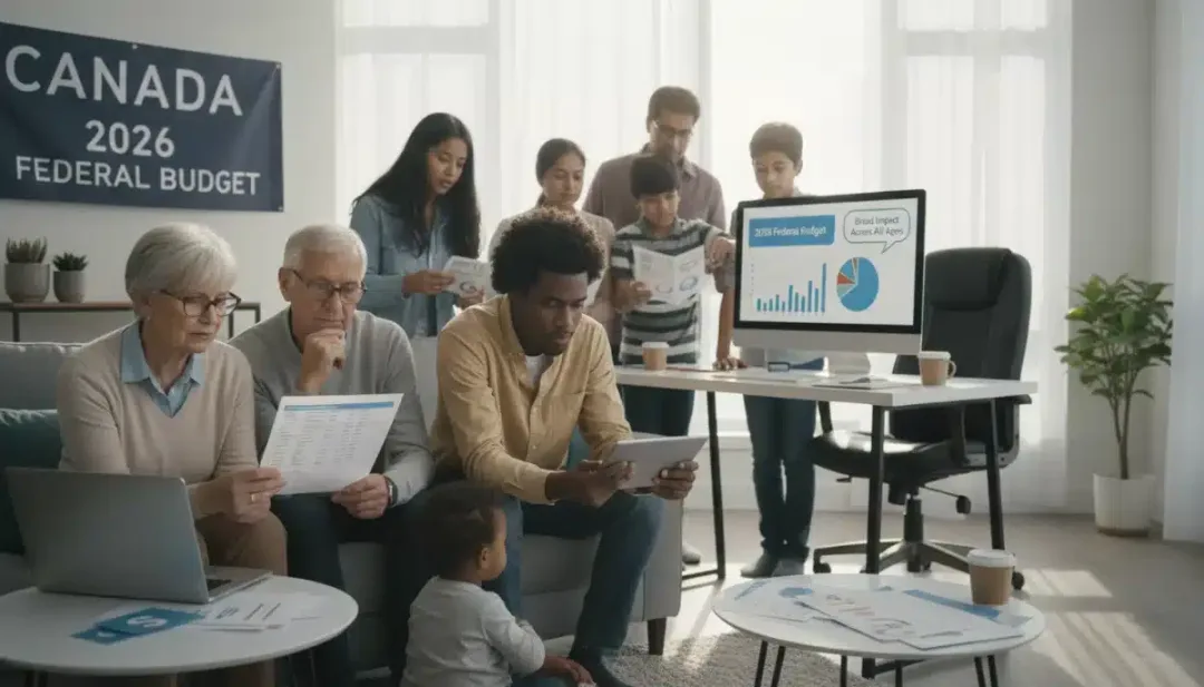 Diverse Canadians reviewing financial documents, illustrating budget impact.