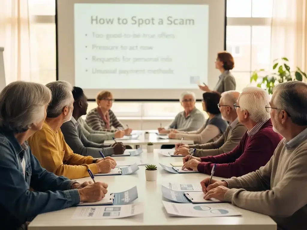 Seniors learning financial scam prevention at a community workshop.