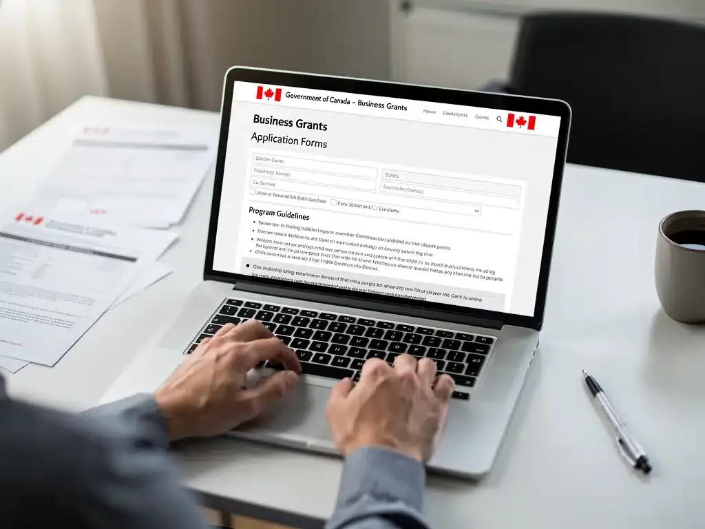 Entrepreneur reviewing federal grant application forms online