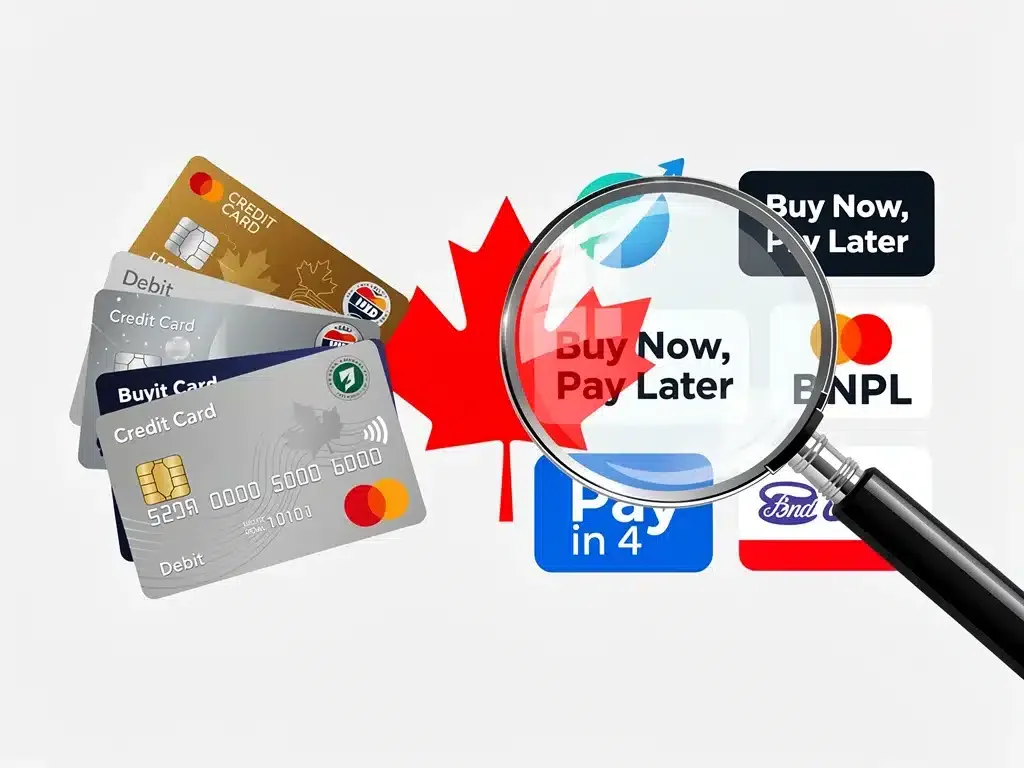 Diagram illustrating payment options with magnifying glass on BNPL, Canadian specific.