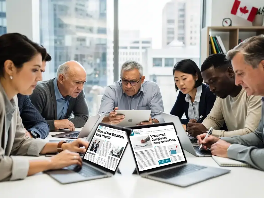Canadians reading news about new financial regulations on digital devices.