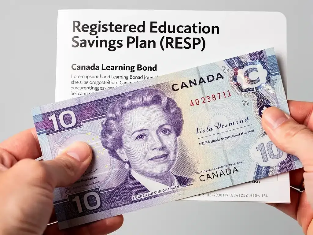 Canadian ten-dollar bill entering RESP booklet for education savings