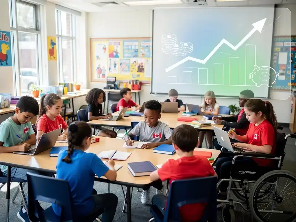 Diverse Canadian children learning, symbolizing future education funded by CLB