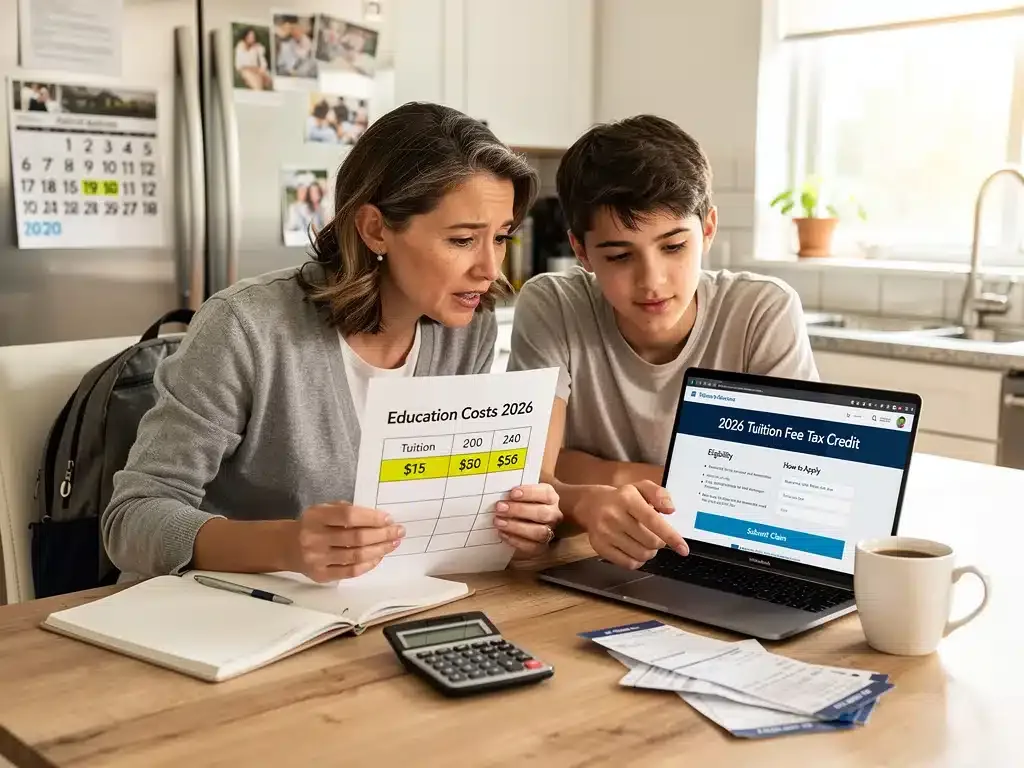 Family discussing educational expenses and 2026 tuition fee tax credit.