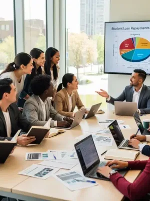 Canadian students discussing student loan repayment with a financial advisor.