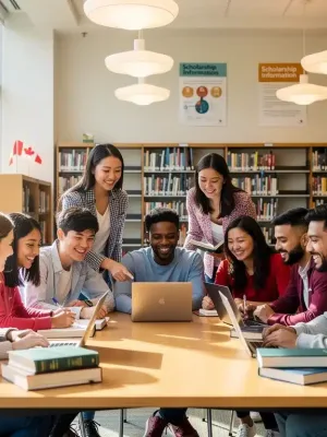 Canadian students in a modern library, engaged in studies, symbolizing academic support.