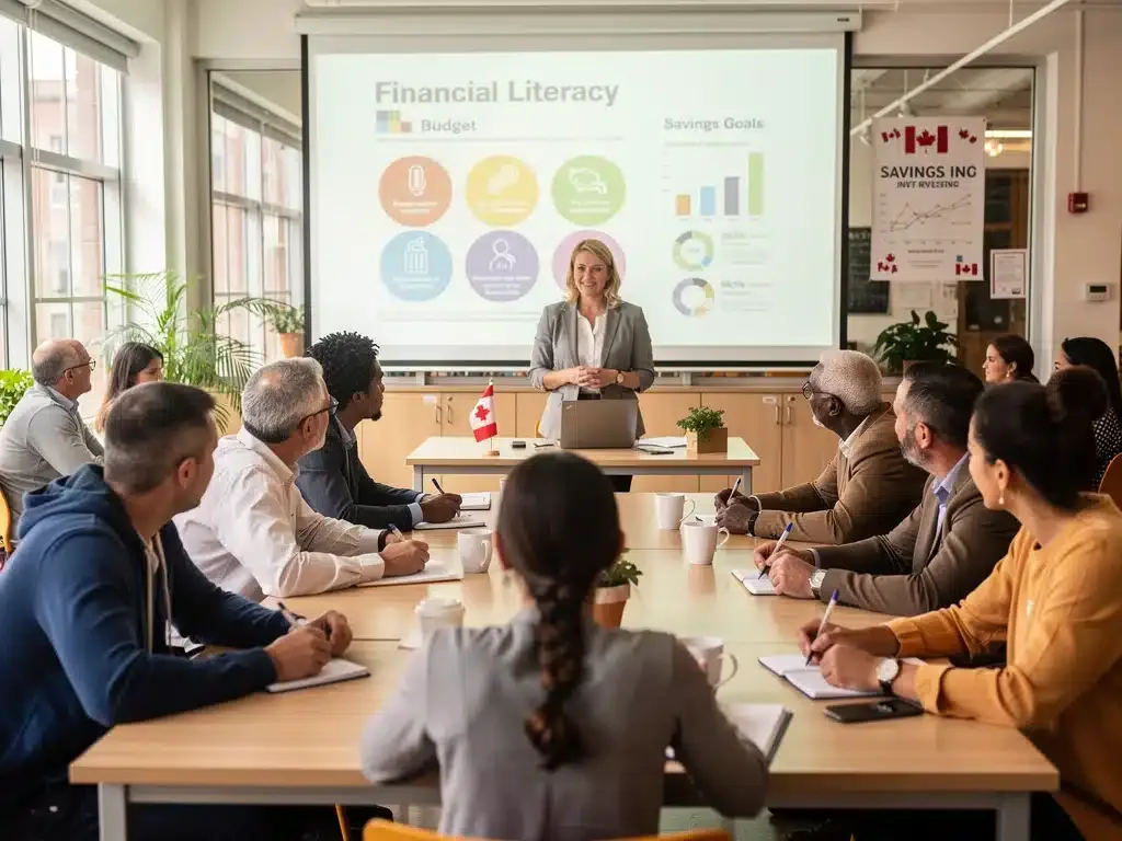 Diverse Canadians learning about financial literacy and benefit maximization