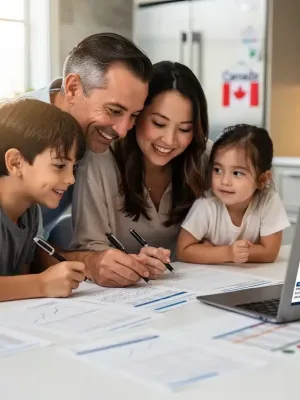 Optimistic Canadian family reviewing financial documents for Canada Workers Benefit 2026