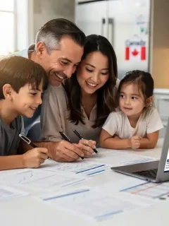 Optimistic Canadian family reviewing financial documents for Canada Workers Benefit 2026