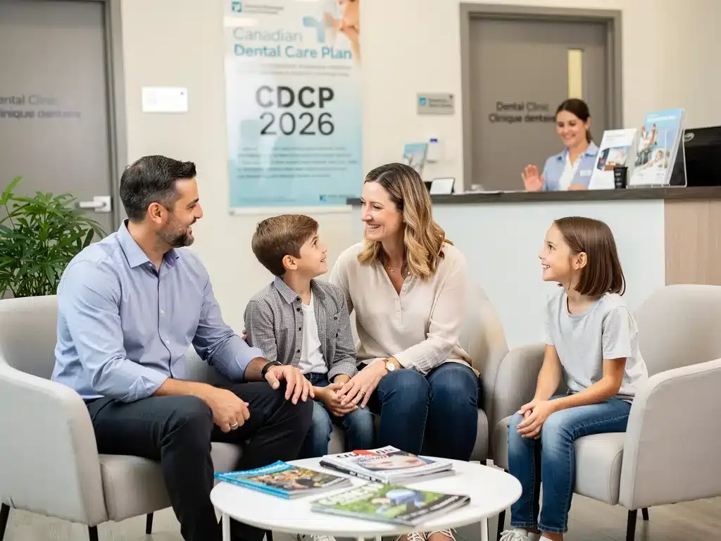Canadian family comfortably waiting in a modern dental clinic