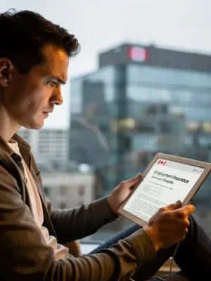 Canadian reviewing EI Regular Benefits documents on tablet