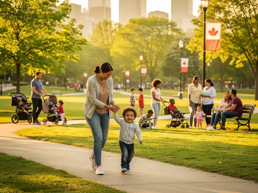 Parent and child walking in park, symbolizing community and child benefit impact.