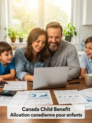 Smiling Canadian family reviewing financial documents, anticipating increased Canada Child Benefit payments. Canada Child Benefit (CCB)