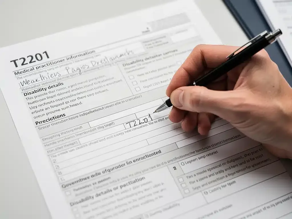 Hands completing a T2201 Disability Tax Credit application form, focusing on accuracy and detail.