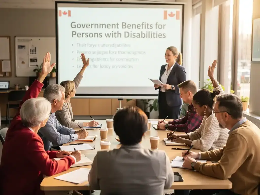 Diverse Canadians learning about Disability Tax Credit benefits and financial planning in a group setting.