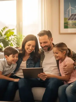 Smiling Canadian family reviewing their Climate Action Incentive Payment (CAIP) details on a tablet.