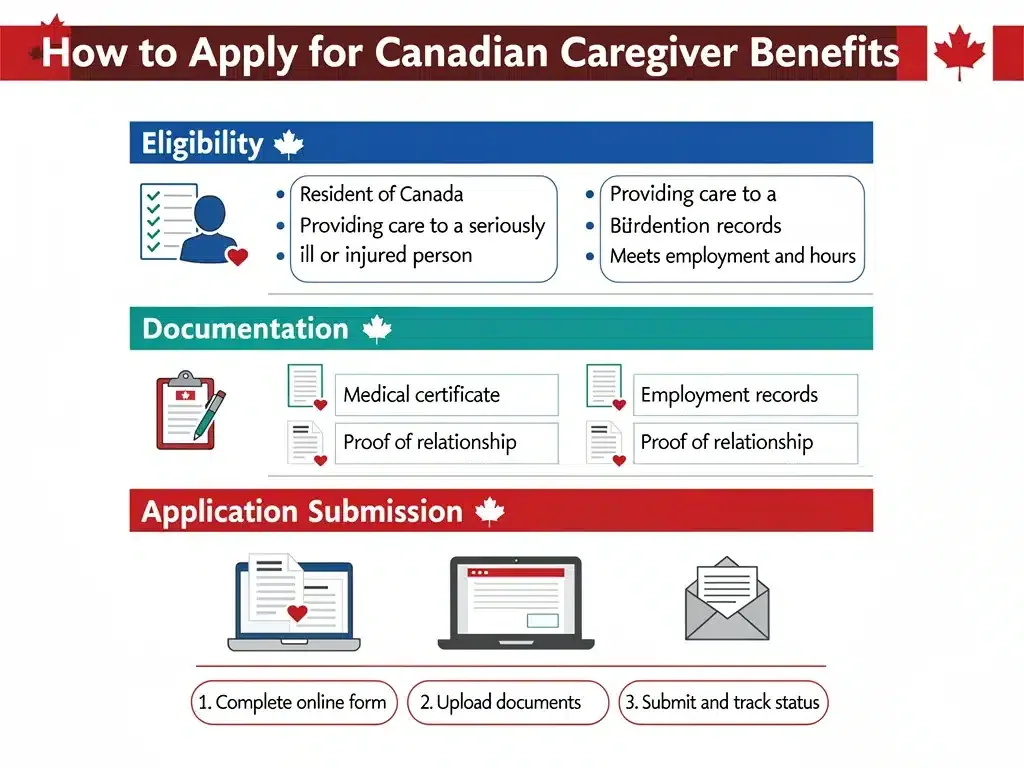 Infographic detailing application steps for Canadian caregiver benefits