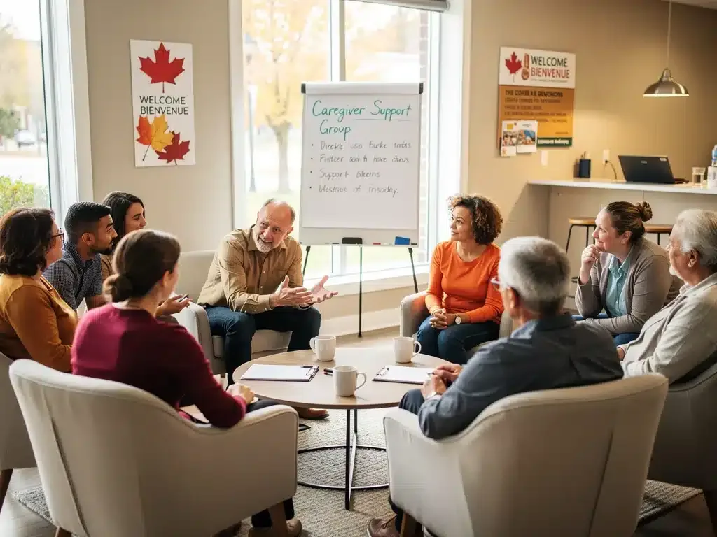 Diverse caregivers in a Canadian support group meeting