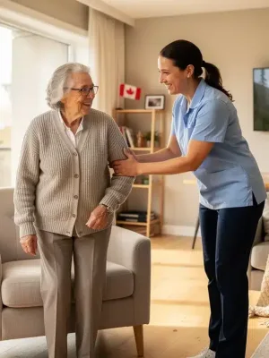 Caregiver assisting senior in a Canadian home, depicting support and warmth
