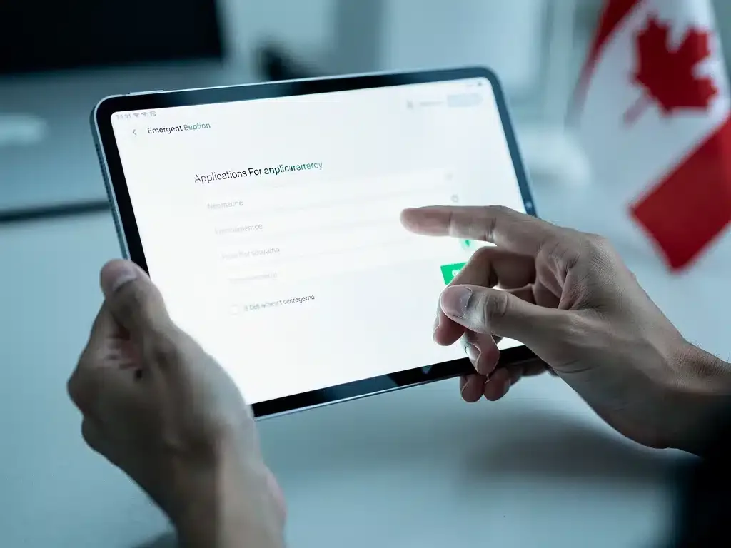 Hands completing an online application for emergency benefits on a tablet, symbolizing quick and accessible aid in Canada.