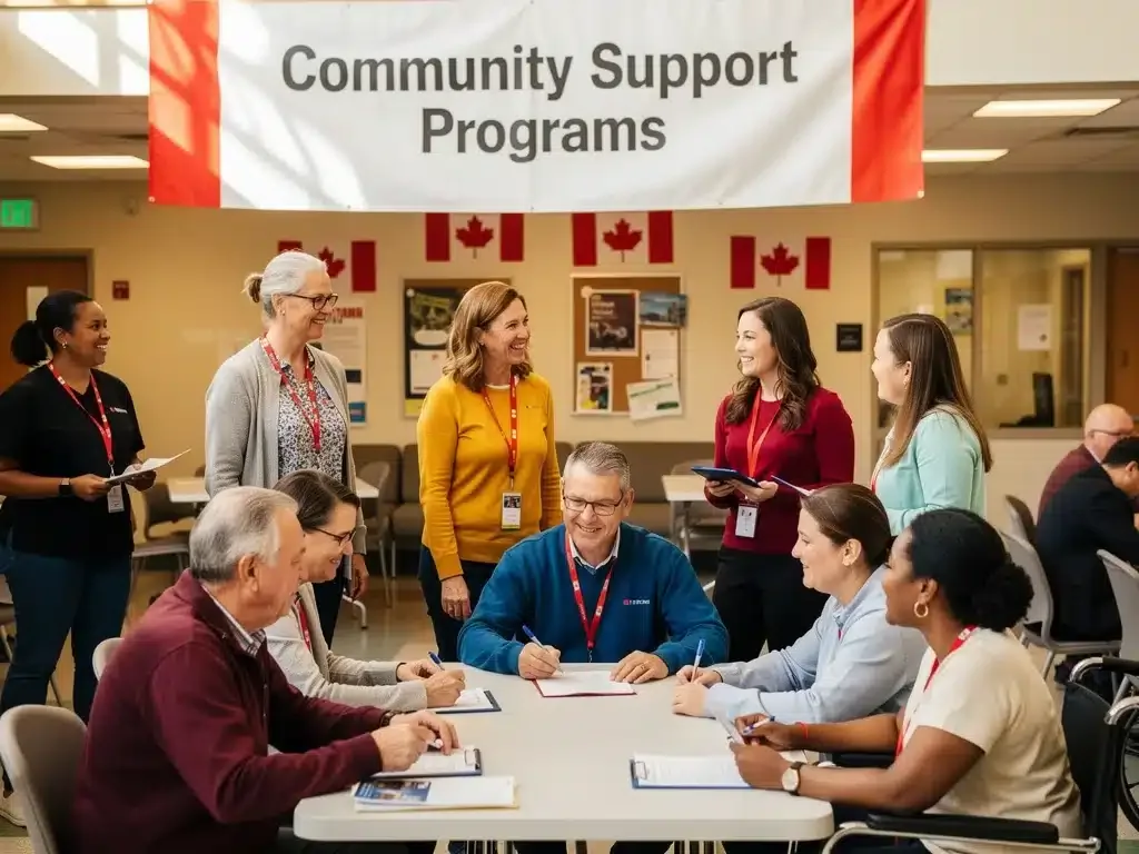 Diverse Canadians receiving community support, illustrating local aid networks complementing government emergency benefits.