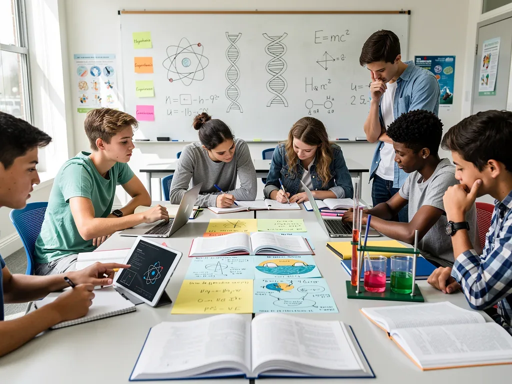High school students discussing science concepts for ACT preparation