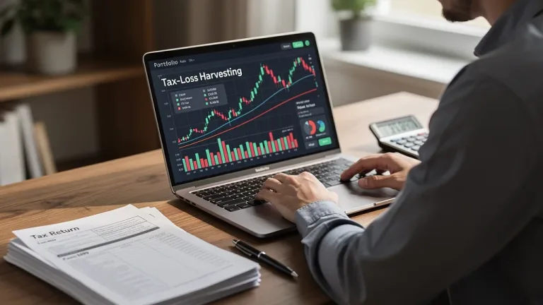 Financial professional analyzing tax-loss harvesting strategies on a laptop