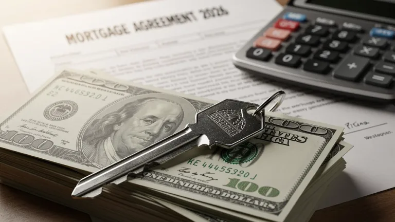 House key on dollar bills with mortgage documents, representing mortgage refinance decision.